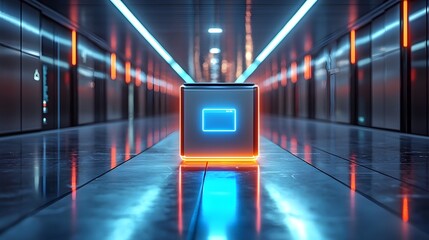 Futuristic Parcel Box with Glowing Blue Lines and Digital QR Code in High Tech Delivery Hub