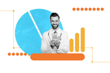 Trend composite sketch template photo collage of medical supplement dose drug young man uniform doctor professional smile hand hold pills