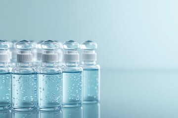 Multiple small bottles of clear liquid with white caps on a reflective surface.