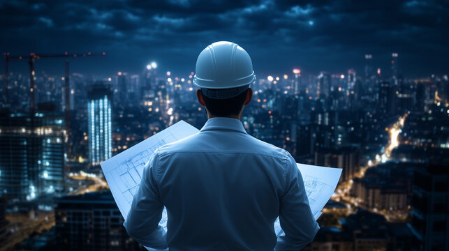 Focused architect scanning a blueprint on-site, wearing protective gear, with cranes and a dynamic cityscape stretching into the horizon.
