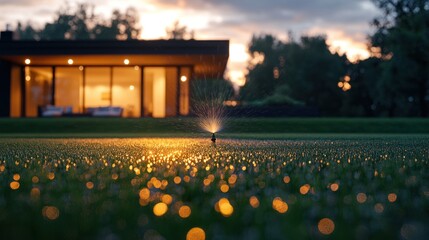 Evening garden watering with landscape backdrop and gentle lighting on a serene lawn. Generative AI