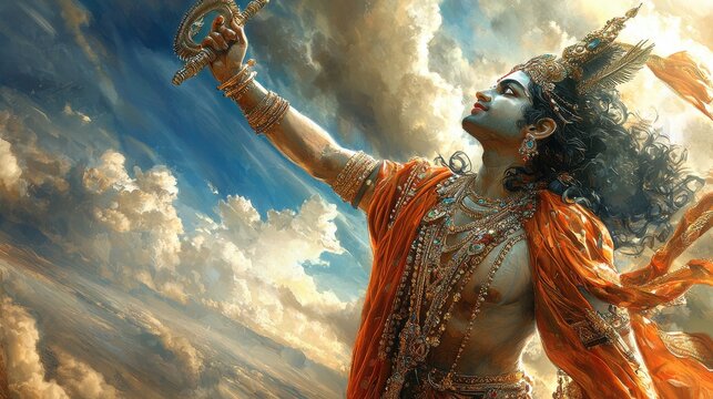 Dynamic pose of vishnu wielding sudarshan chakra amidst celestial clouds digital artwork mystical environment heroic perspective