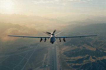 Drone flying in sky over beautiful natural nature during observation from top, abstract vivid composition consists of fictional unreal fantastic vision on background