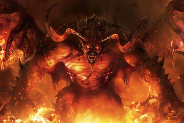 Scary sinister devil is in hell with dramatic bright fire lighting, abstract vivid composition consists of fictional unreal fantastic vision on background
