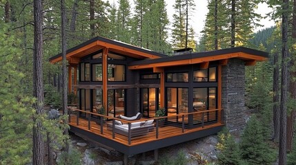 Naklejka premium Modern Cabin Design Surrounded by Forest