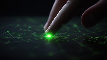 Fingertip touching glowing green network on dark surface. (2)