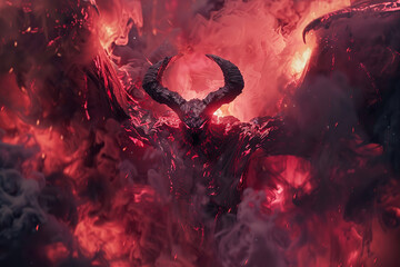 Scary sinister devil is in hell with dramatic bright fire lighting, abstract vivid composition consists of fictional unreal fantastic vision on background