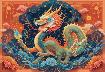 Fototapeta premium A Chinese dragon zodiac sign with flower elements gold paper cut style on color background.