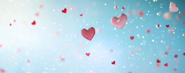Pink and red hearts falling on a light blue background.