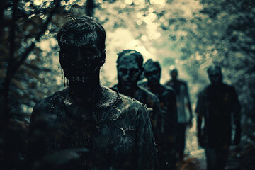 Fototapeta premium Scary sinister zombie wandering in street with dramatic lighting on Halloween, abstract vivid composition consists of fictional unreal fantastic vision on background