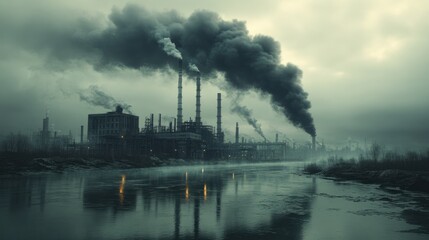 Industrial pollution from factories emitting smoke over a foggy river in an urban landscape. Generative AI