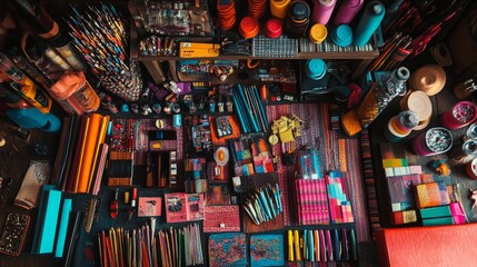 Fototapeta premium Work place of a creative person with a variety of colorful stationery objects 