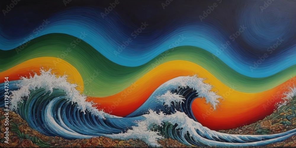 Poster a painting of a wave with a rainbow in the background