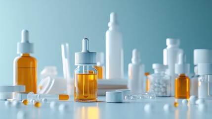 Close-up of various amber and white medicine bottles, pills, and capsules on a light blue surface.