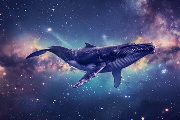 Fototapeta premium Fantastically beautiful majestic huge whale in deep blue ocean, abstract vivid composition consists of fictional unreal fantastic vision on background