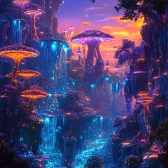 Luminescent Fungi Forest Waterfall Fantasy Landscape Digital art depicting a vibrant, glowing mushroom forest with waterfalls, used for game backgrounds or fantasy art.