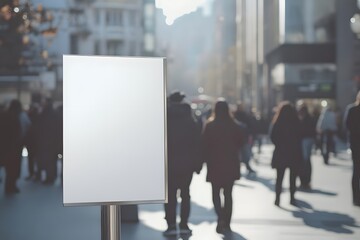 A blank signpost in a busy urban setting with pedestrians in the background.