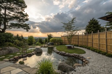 Serene Sunset Vista Over a Tranquil Japanese Garden Pond