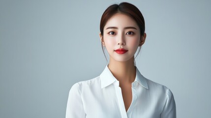 Portrait of a young Asian woman with red lipstick wearing a white shirt against a light gray background.