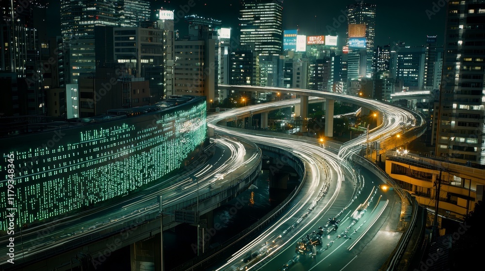 Poster a cityscape illuminated by binary code and light trails