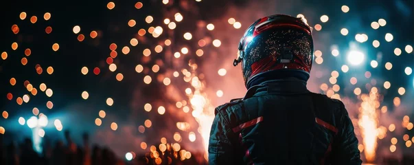  Back view of a formula one racer in helmet and uniform, standing and looking at fireworks in the sky at night after competitive race © master1305