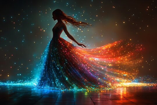 Woman In A Sparkling Gown With Flowing Trail