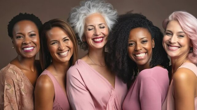 Women day. Happy women of all ages and race together, smiling and hugging each other. Diversity