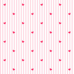 Vector illustration. Seamless pattern of red hearts on a background of light pink vertical stripes. Design for fabric, packaging, wrapping paper, Valentine's Day, pastel pink background with hearts