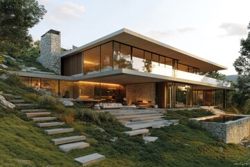 A contemporary hillside home with cascading terraces and panoramic glass walls