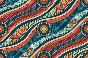 Abstract Wavy Pattern with Tribal Geometric Motifs and Floral Elements
