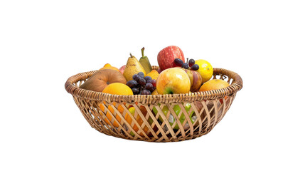 A woven basket filled with fresh fruits including apples, pears, grapes, and oranges on a white background in natural light on transparent background