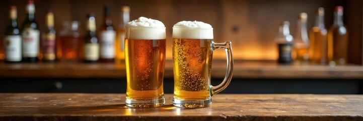Beer mugs and glasses stacked on a wooden table , bottles, furniture