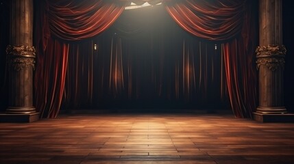 Elegant Stage with Open Curtains, Wooden Floor, and Dramatic Lighting for Theatrical Performance Setup