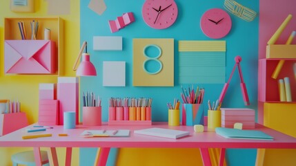 Work place of a creative person with a variety of colorful stationery objects 