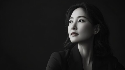 Pensive Asian woman in black and white portrait.