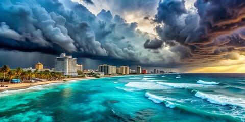 Cancun Hurricane Season: Stormy Sky Over Turquoise Waters with Bokeh