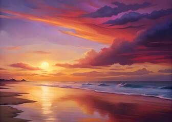 Fototapeta premium Golden Sunset Reflecting on a Tranquil Beach.