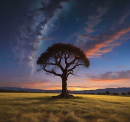 Obraz premium Illustration of tree with starry sky.