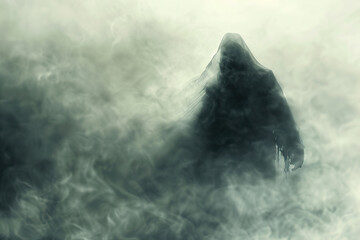 Scary grim reaper with sharp scythe in hell with dark dramatic color, abstract vivid composition consists of fictional unreal fantastic vision on background