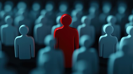 Unique red figure among white crowd abstract art concept studio