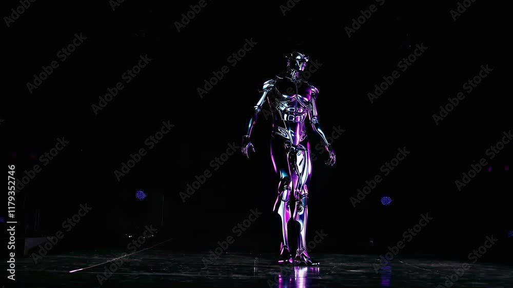 Poster robot performer captivates audience with futuristic display in urban center at night