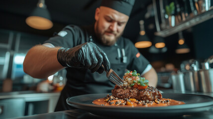 Expert chef creating a visual masterpiece, meticulously garnishing a dish with vibrant sauces, embodying culinary perfection.