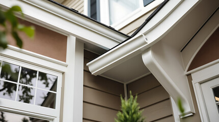 Fototapeta premium Close-up view of a house exterior showcasing white vinyl siding, window frames, and gutters. The siding is a light brown tone. A portion of a white fascia and soffit is visible.