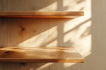 Natural light casts shadows on wooden shelves creating a warm and inviting atmosphere in a cozy room