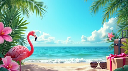 Naklejka premium Exotic tropical summer background. Summer beach party concept. Pink flamingo, tropical leaves, orchid flower, suitcase, sunglasses,palm branches on blue background