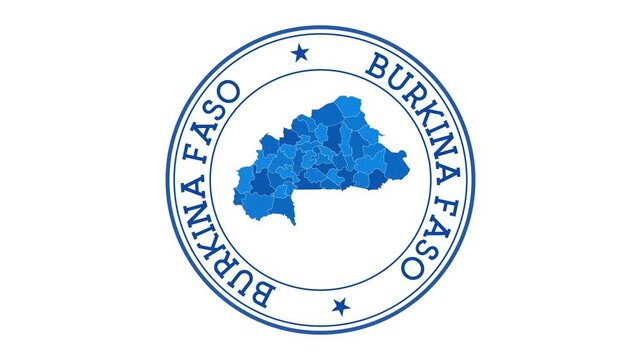 Burkina Faso intro. Badge with the circular name and map of the country. Burkina Faso round logo animation.