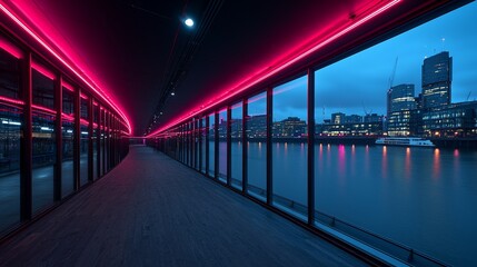 Obraz premium Neon-lit walkway overlooking city waterfront at dusk.