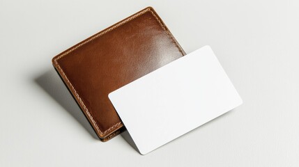 Stylish brown leather wallet and blank card on white surface