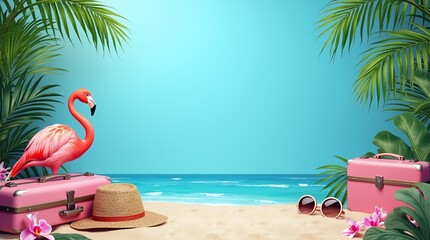 Exotic tropical summer background. Summer beach party concept. Pink flamingo, tropical leaves, orchid flower, suitcase, sunglasses,palm branches on blue background