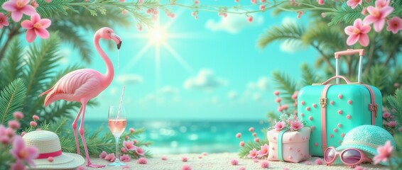 Obraz premium Exotic tropical summer background. Summer beach party concept. Pink flamingo, tropical leaves, orchid flower, suitcase, sunglasses,palm branches on blue background